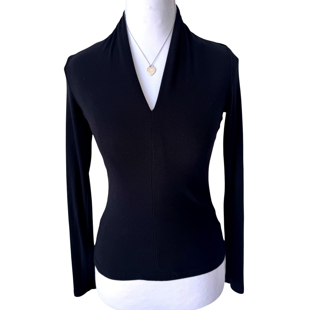 Commense Ribbed Notched V-Neck Long Sleeve Top Black Minimalist Chic Size S